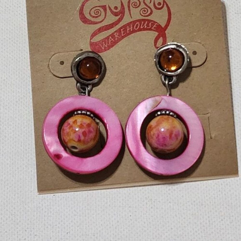 Treska Gypsy Pink Mother of Pearl Hoop Orange Bead Dangle Earrings Boho NEW
